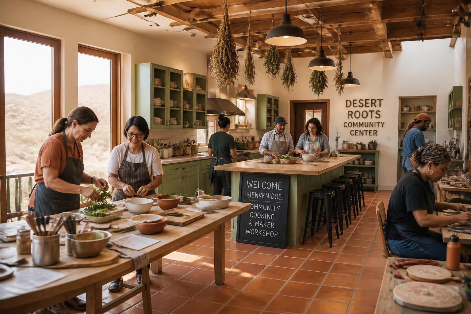 Warm teaching kitchen and maker workshop with olive cabinets and terracotta tile