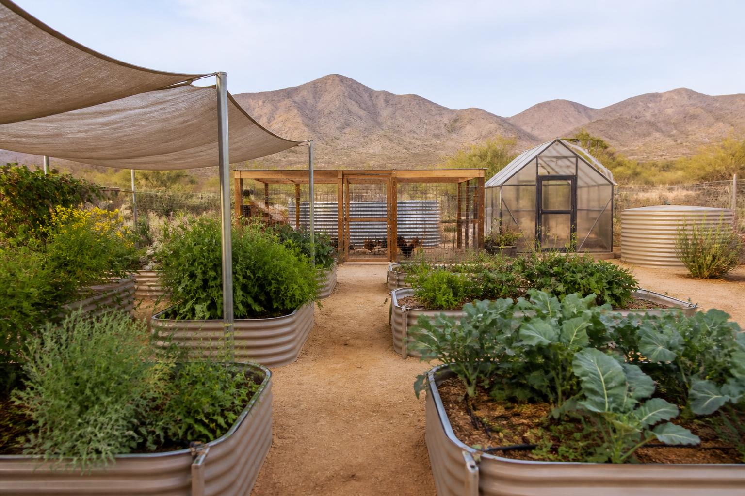 Raised bed desert garden with shade sail, greenhouse and cistern