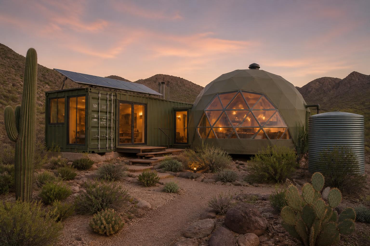 Container home and geodesic dome with solar panels in the Arizona desert at dusk