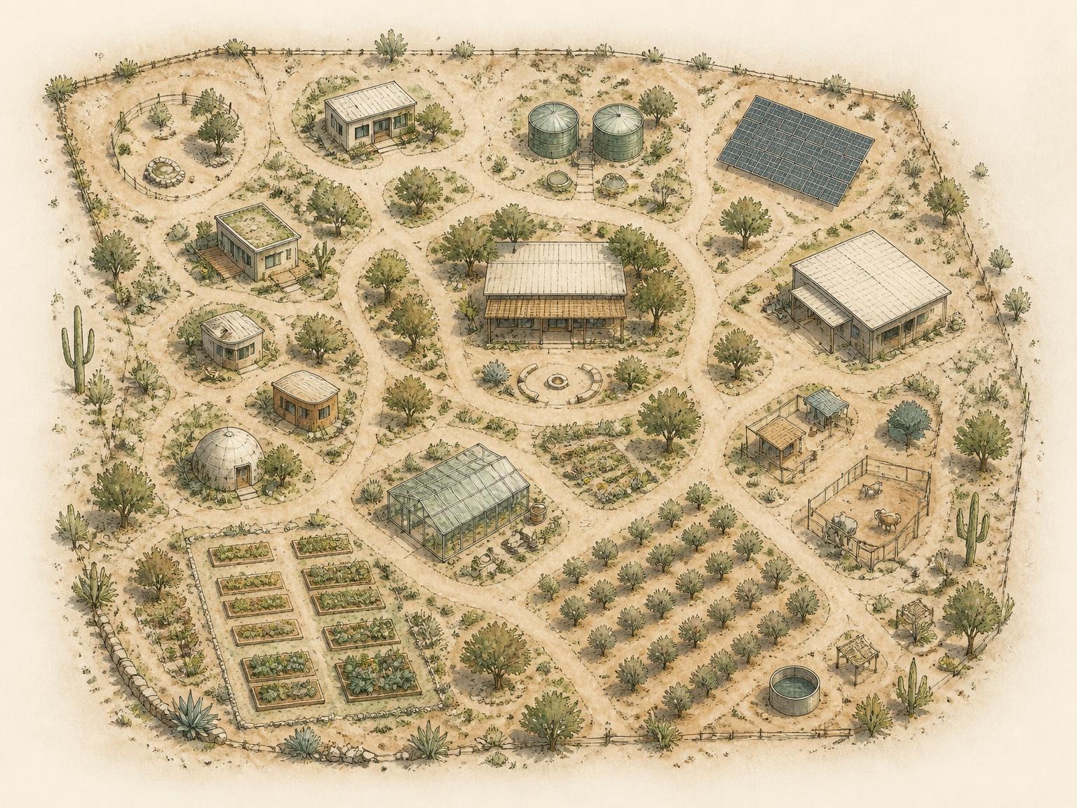 Illustrated aerial plan of the ten acre Homestead XP site
