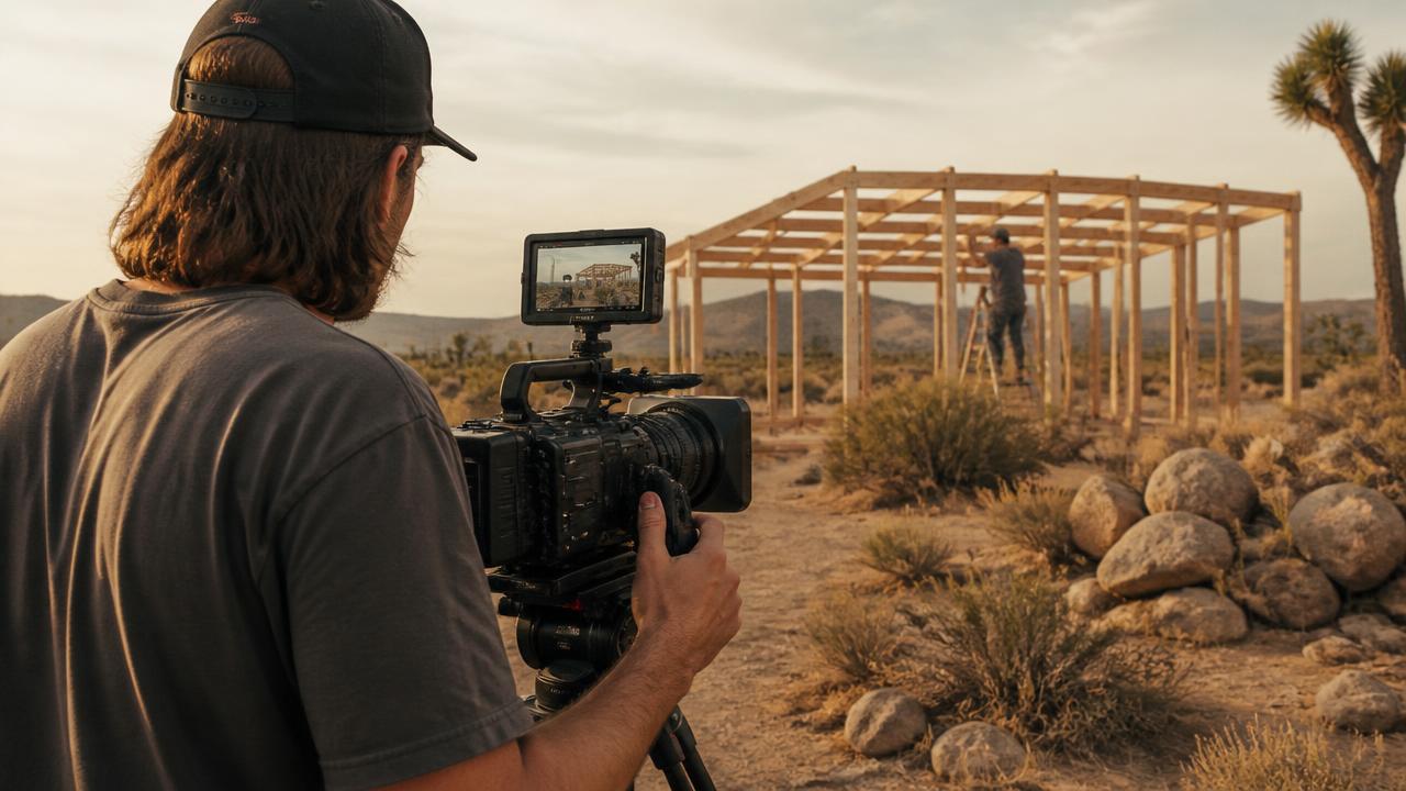Filming a homestead build frame in the desert at golden hour